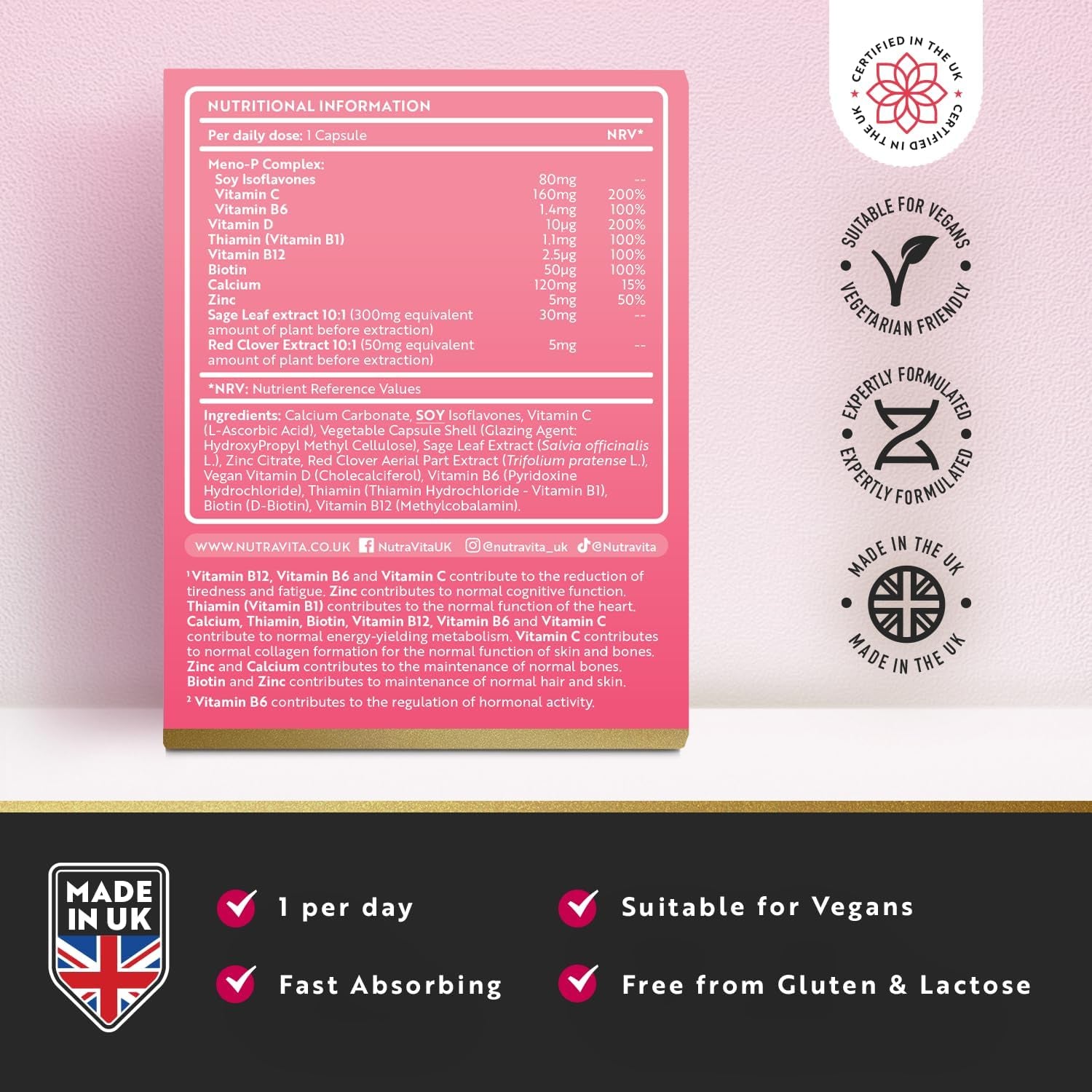 Menopause Supplements - Support for Menopause & Perimenopause Symptoms - with Soy Isoflavones, Zinc & Vitamin B6 to Support Hormone Balance for Women - 90 Vegan Capsules - Made in the UK - Nutravita