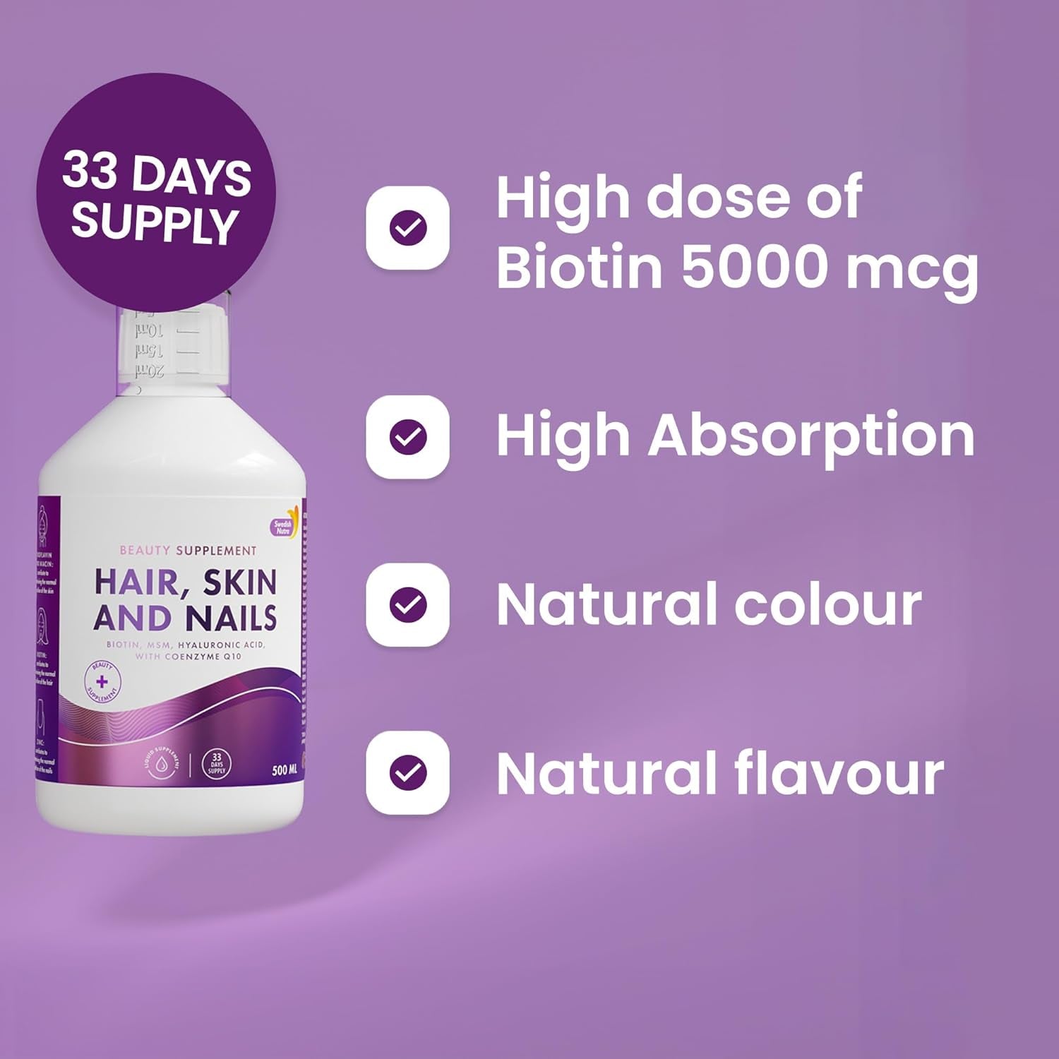 Swedish Nutra - Hair, Skin & Nails Liquid Supplement - Pack of 500 Ml, 33 Day Supply | plus Collagen, Biotin, Vitamins, MSM, Hyaluronic Acid & Coq10 | Gluten Free | 100% Natural Orange Flavour