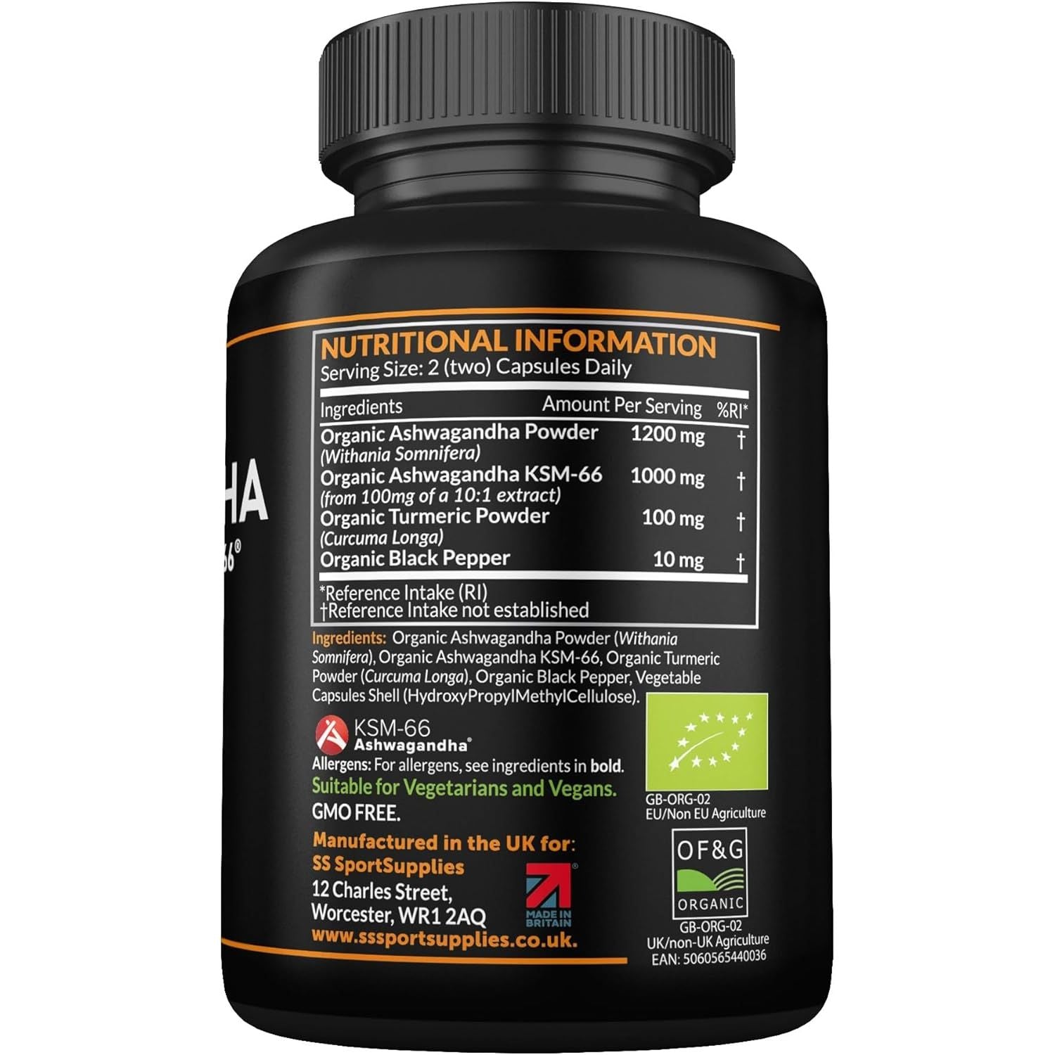 Organic Ashwagandha Capsules 1200Mg - Boosted with 1000Mg of Organic KSM-66 with 5% Withanolides (From 100Mg Extract Ratio 10:1) - Added Turmeric 100Mg and Black Pepper - UK Manufactured