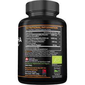 Organic Ashwagandha Capsules 1200Mg - Boosted with 1000Mg of Organic KSM-66 with 5% Withanolides (From 100Mg Extract Ratio 10:1) - Added Turmeric 100Mg and Black Pepper - UK Manufactured