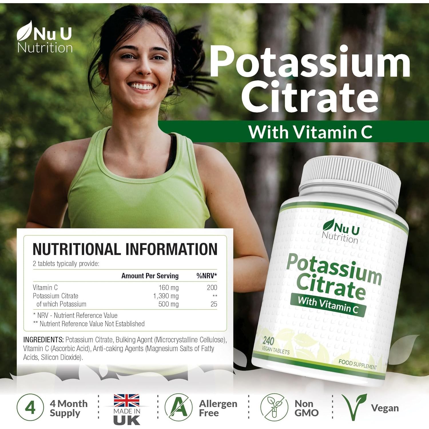 Potassium Supplement High Strength 1550Mg & Vitamin C - 240 Vegan Tablets - 4 Month Supply - Potassium Citrate for Natural Electrolytes Support - Made in the UK - Nu U Nutrition