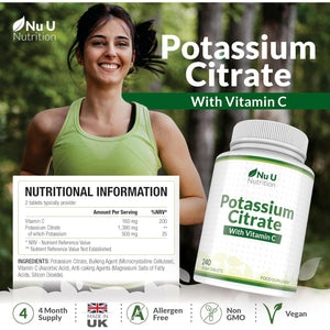 Potassium Supplement High Strength 1550Mg & Vitamin C - 240 Vegan Tablets - 4 Month Supply - Potassium Citrate for Natural Electrolytes Support - Made in the UK - Nu U Nutrition