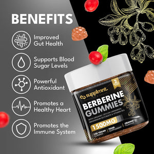 Supplmnt. Berberine Gummies - 2 Months Supply, 1500Mg Berberine with 1000Mg Ceylon Cinnamon, 2.4Mg Vitamin B12 & 400Mg Magnesium Glycinate - Powerful Metabolism & Immune Support Supplement - Orange