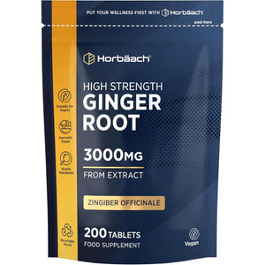 Ginger Root Tablets 3000Mg | High Strength Ginger Root Extract | Zingiber Officinale | 200 Tablets - Vegetarian & Vegan | by Horbaach