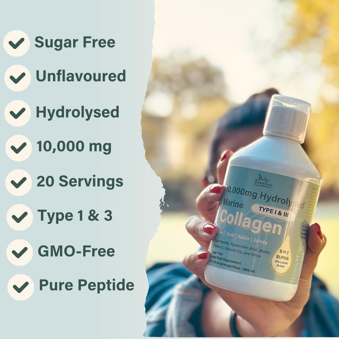 NUTRI Beauties Hydrolysed Marine Collagen Liquid Drink Supplement 10,000Mg + Hyaluronic Acid, Biotin, Vitamin C, D for Hair, Skin,Nails, Joints, 500Ml
