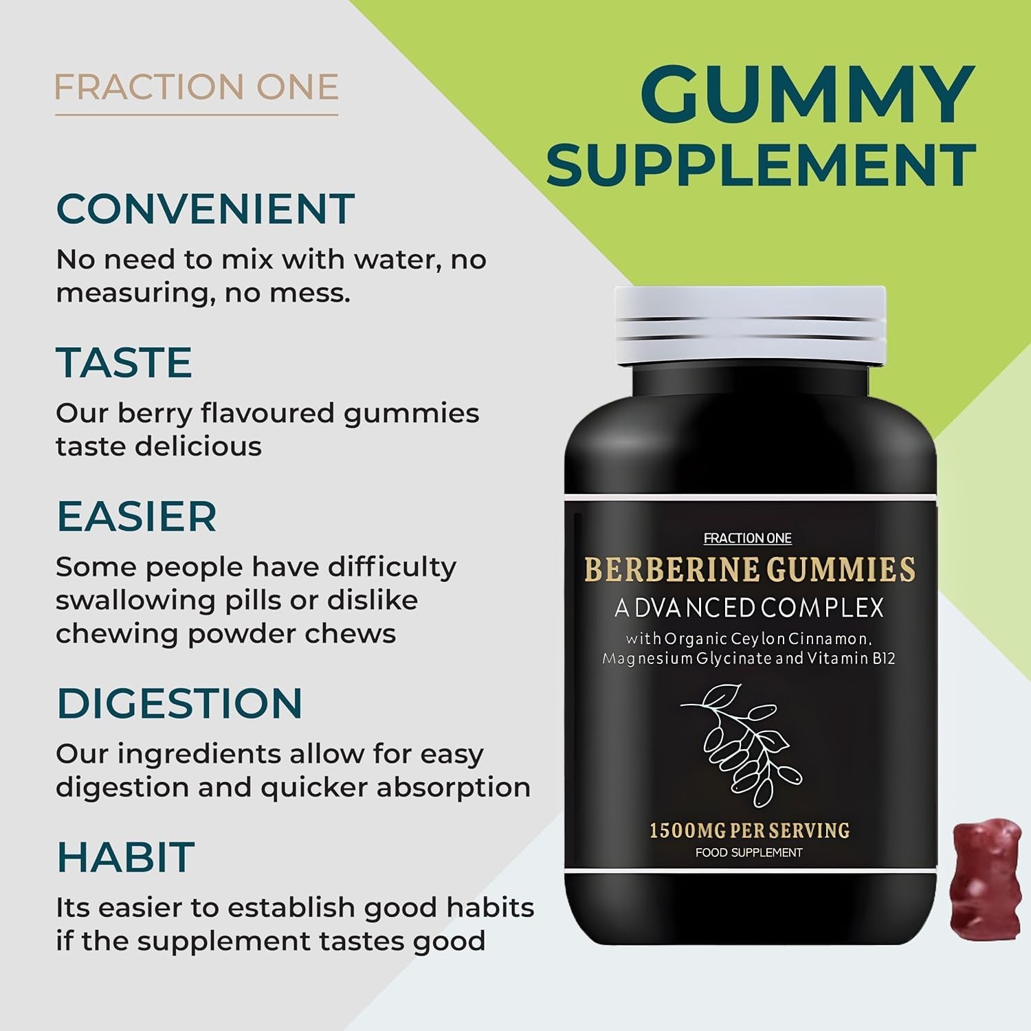 Fraction One Berberine Gummies – 120 Gummies – 1500 Mg per Serving, Ceylon Cinnamon 1000Mg and Vitamin B12, Magnesium Glycinate 400Mg – Supports Immunity, Improve Metabolism – Vegan – 60 Days Supp