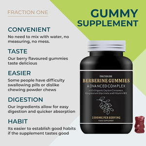Fraction One Berberine Gummies – 120 Gummies – 1500 Mg per Serving, Ceylon Cinnamon 1000Mg and Vitamin B12, Magnesium Glycinate 400Mg – Supports Immunity, Improve Metabolism – Vegan – 60 Days Supp