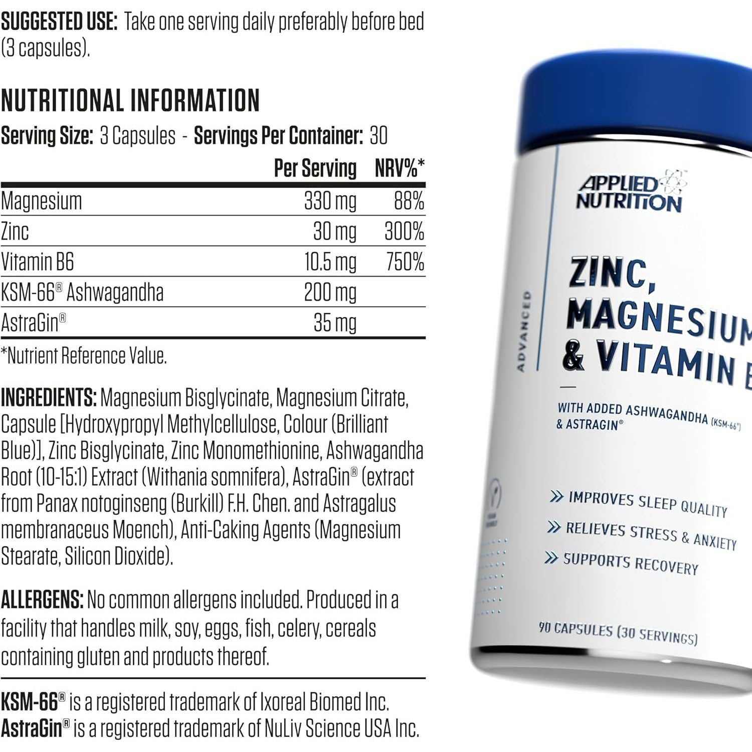 Applied Nutrition Zinc, Magnesium & Vitamin B6 with Ashwagandha Capsules - Natural Support for Hormonal Balance, Sleep Support & Stress Relief - 90 Capsules (30 Servings)