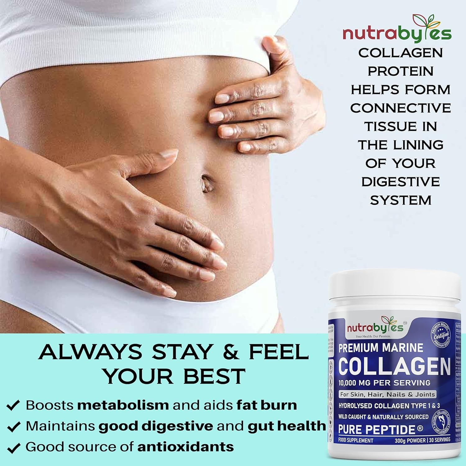 Marine Collagen Powder 10000Mg | Hydrolysed Collagen Peptides Type 1 & 3 with 19 Amino Acids for Skin, Hair, Nails & Joints | Unflavoured | Collagen Supplement for Women & Men | 30 Day Supply (300G)