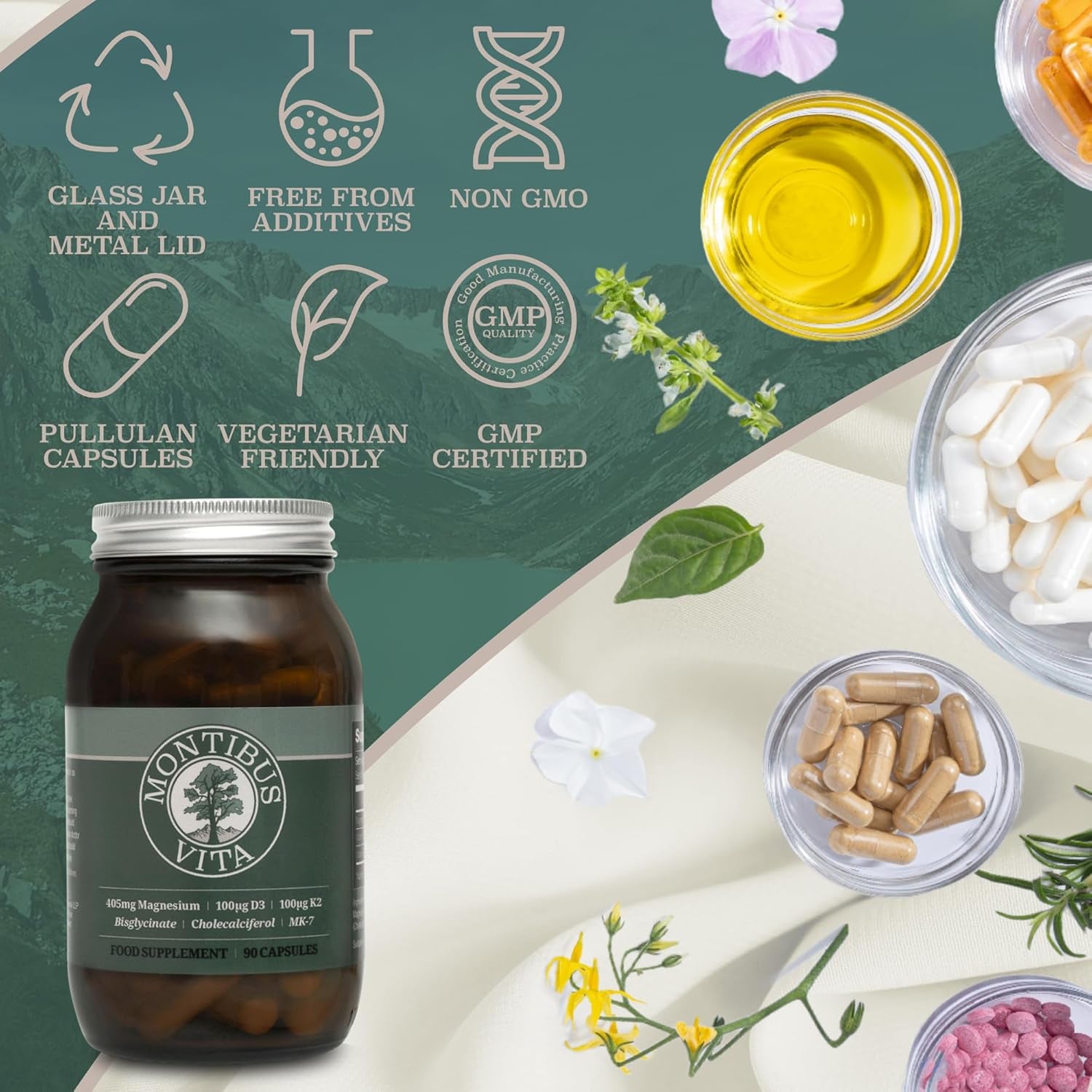 Montibus Vita - Magnesium Glycinate 405Mg, Vitamin D3 4000Iu (100Ug), Vitamin K2 100Ug, 90 High Strength Capsules