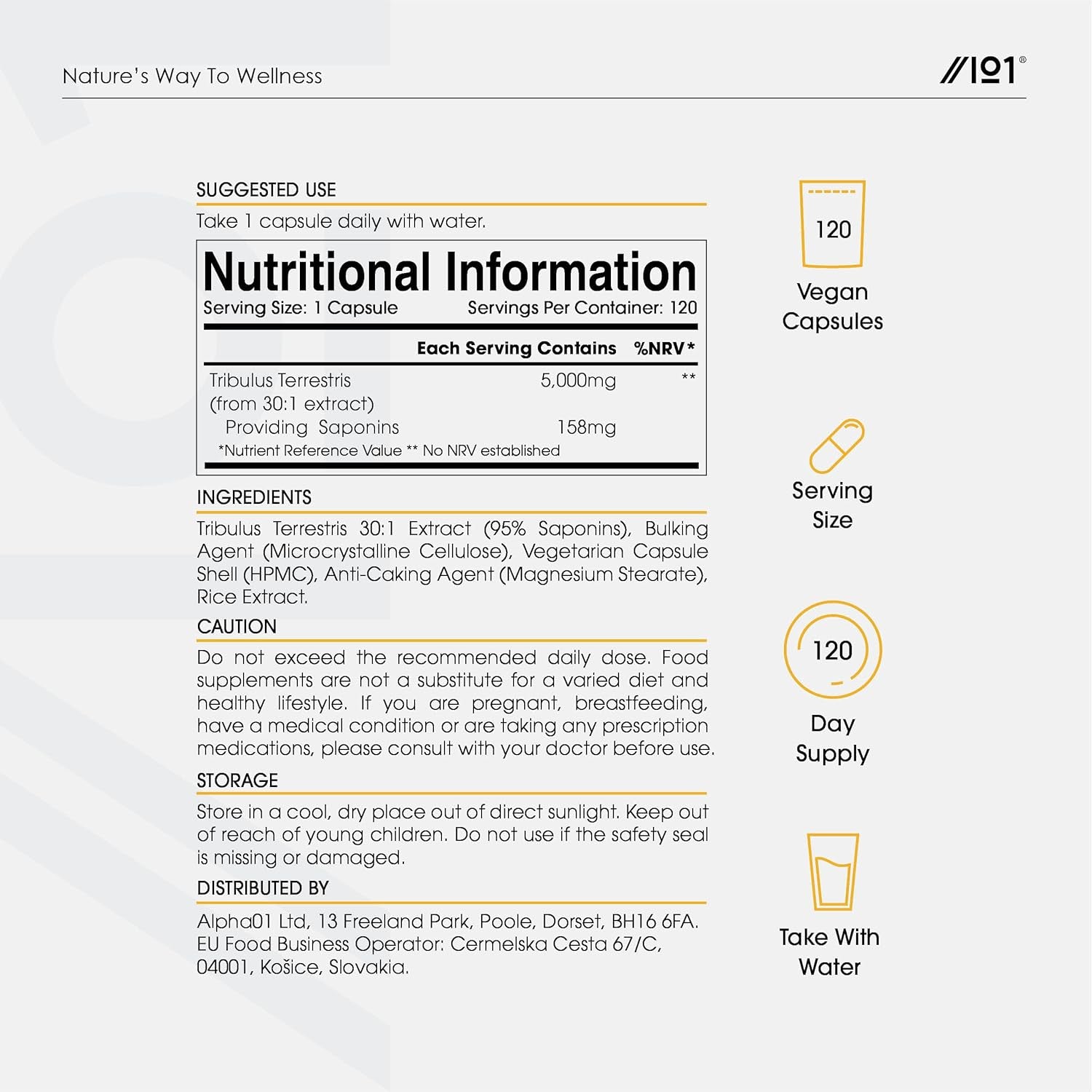 Tribulus Terrestris Extract 5000Mg – High Strength 95% Saponins - 120 Vegan Capsules (4 Months Supply) - Resealable and Recyclable Pouch – by Alpha01