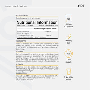 Tribulus Terrestris Extract 5000Mg – High Strength 95% Saponins - 120 Vegan Capsules (4 Months Supply) - Resealable and Recyclable Pouch – by Alpha01