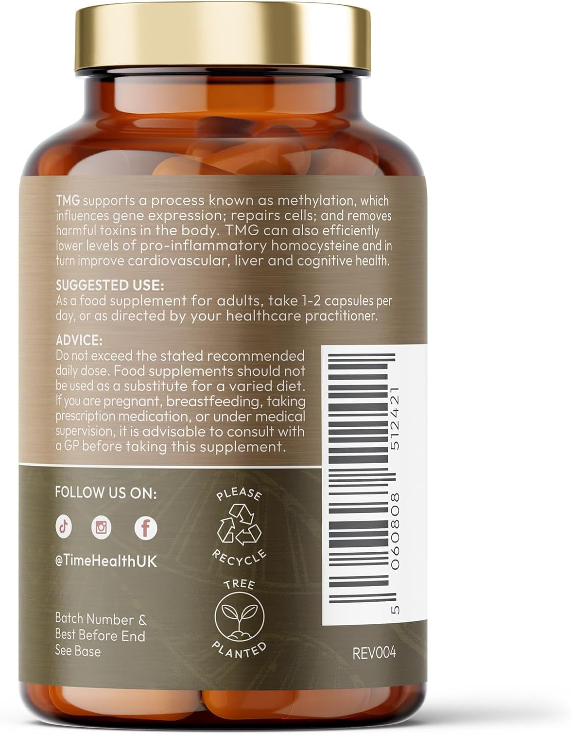 TMG (Trimethylglycine) - 120 X 750Mg Capsules - for Optimal Methylation & Homocysteine Levels - Ultra Pure & High Strength - UK Made to GMP Standards - Pullulan