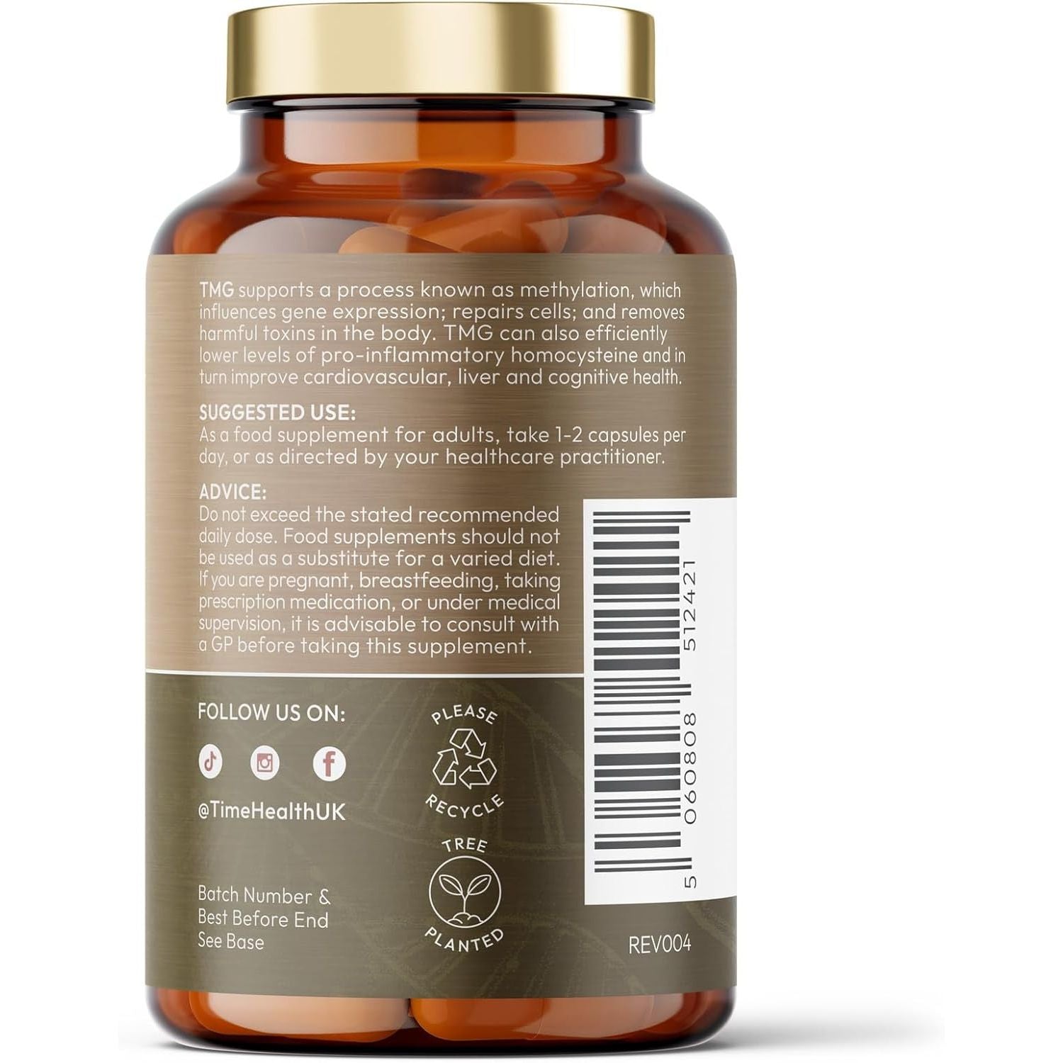 TMG (Trimethylglycine) - 120 X 750Mg Capsules - for Optimal Methylation & Homocysteine Levels - Ultra Pure & High Strength - UK Made to GMP Standards - Pullulan