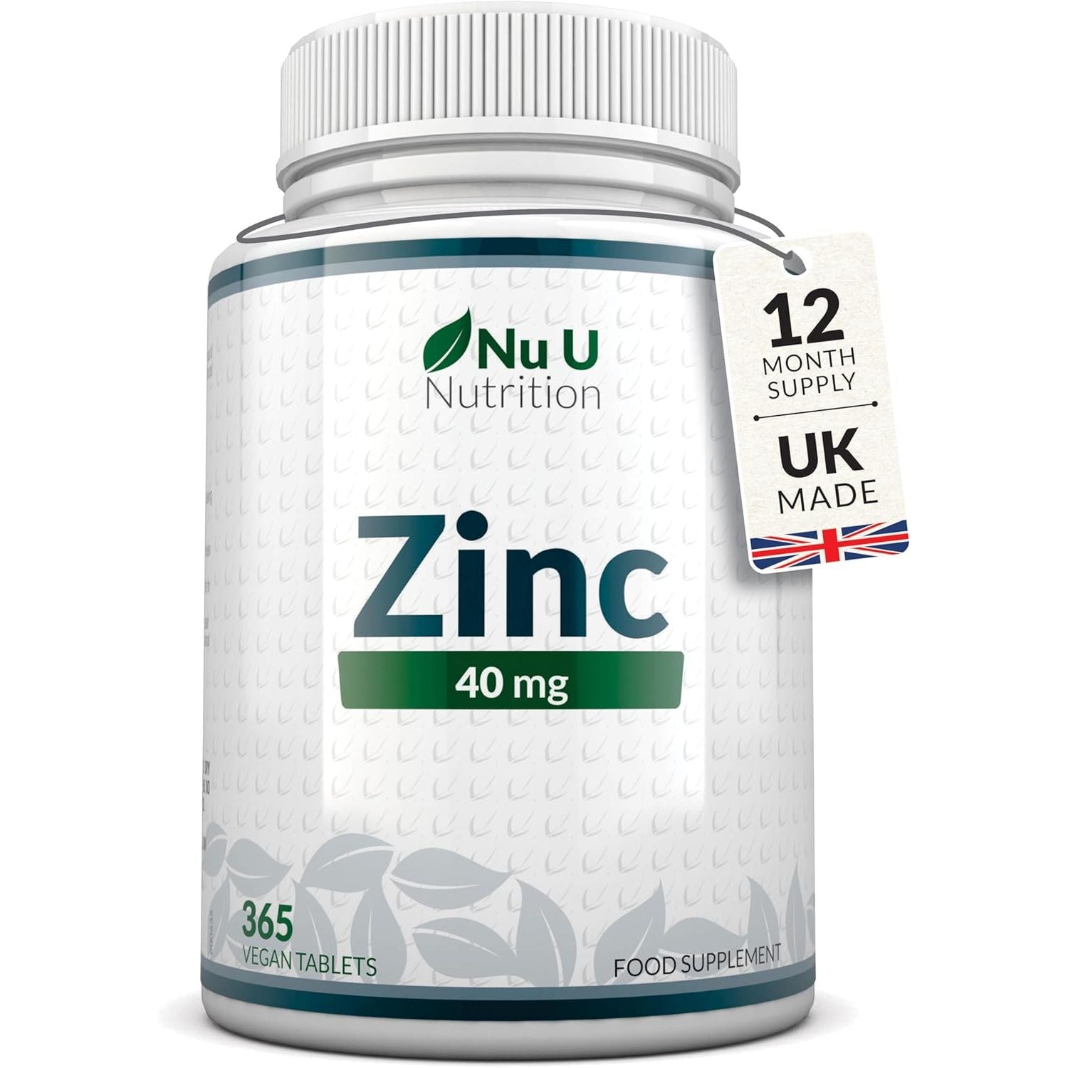 Zinc Tablets 40Mg - 365 Vegan Tablets - 1 Year Supply - 1 a Day - Easy to Swallow Zink Gluconate - Supplement for Men & Women - Made in the UK - Nu U Nutrition