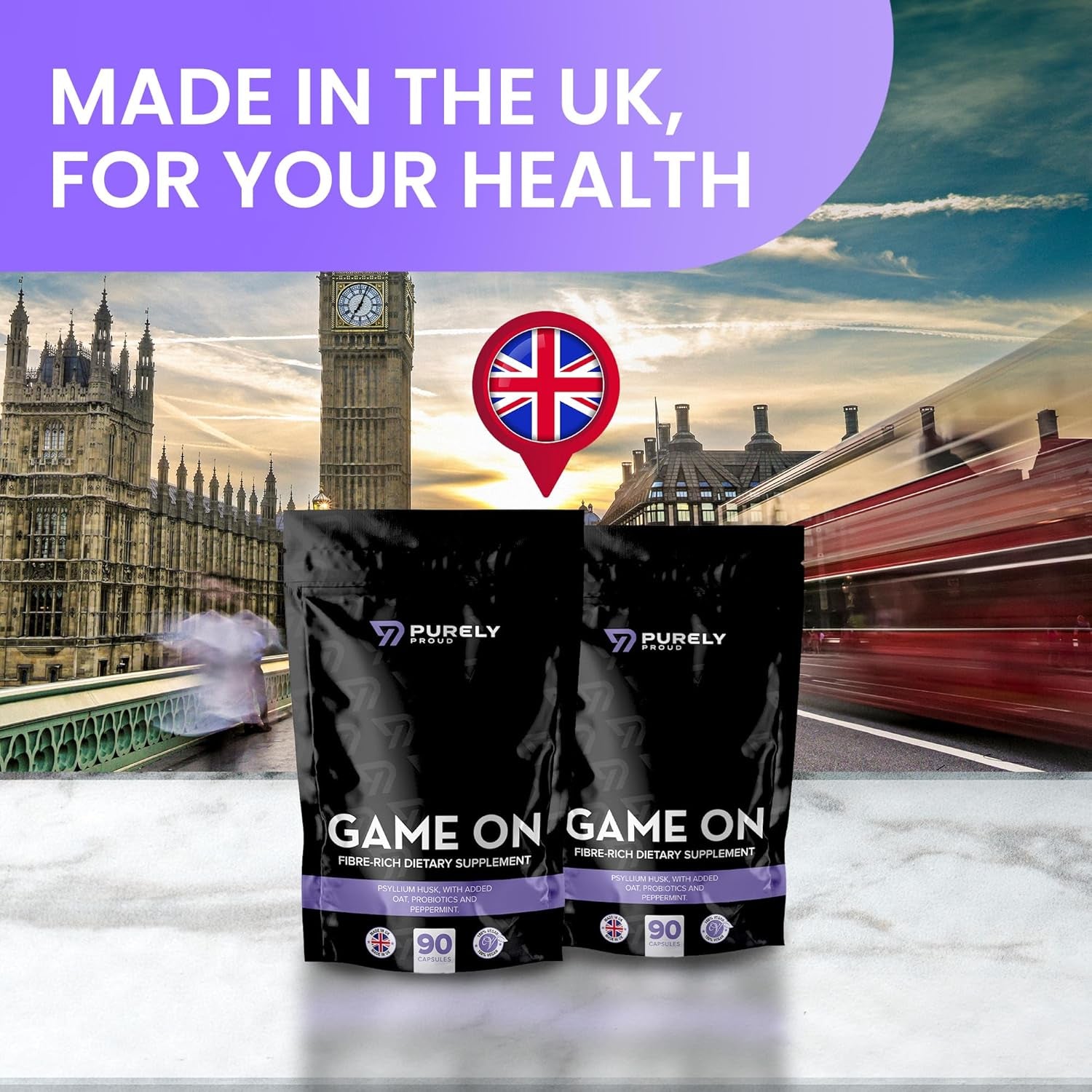 Purely Proud Game on – Fibre Rich Supplement for Bottoms | Stay Ready with Psyllium Husk, Probiotics, Peppermint | Supports Digestion, Gut Health & Clean Confidence | Vegan | 90 Capsules | Made in UK