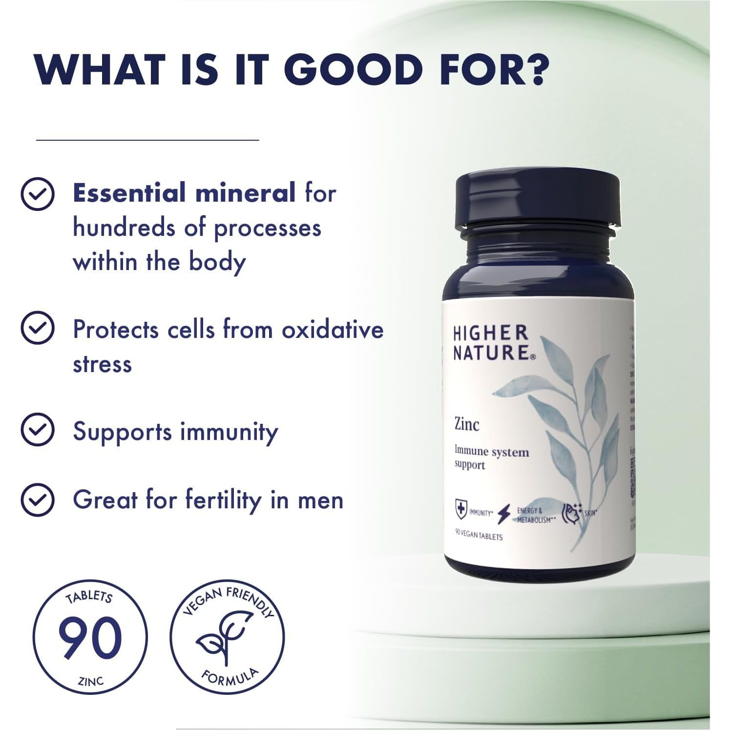 Higher Nature - Zinc - Immune System, Cognitive Function & Fertility Support - Gluten Free - Vegetarian & Vegan - 90 Tablets