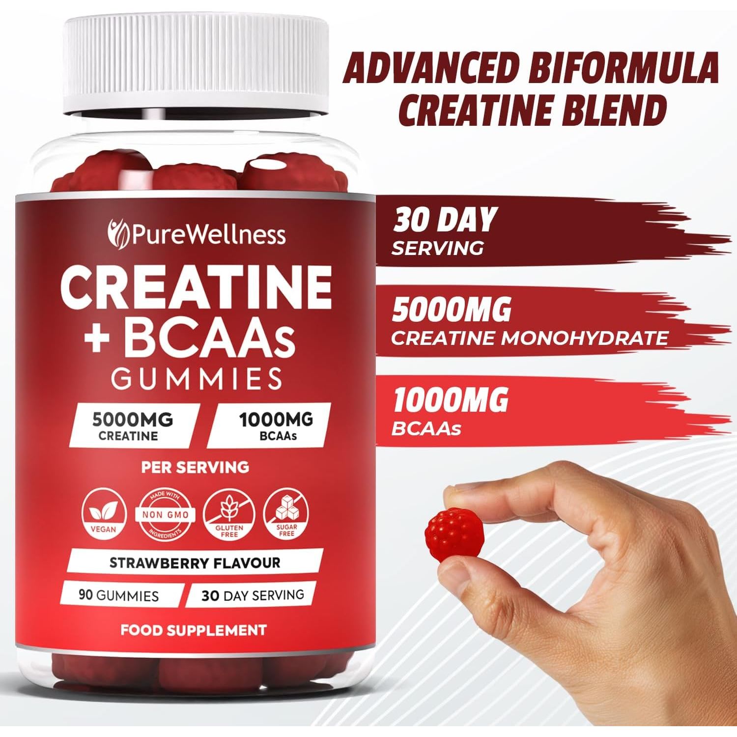 Purewellness Creatine and BCAA Gummies - 5000Mg Creatine Monohydrate, 1000Mg Bcaas per Serving - Chewable Vegan Sugar Free Gummies, Strawberry Flavour (1 Month Supply)