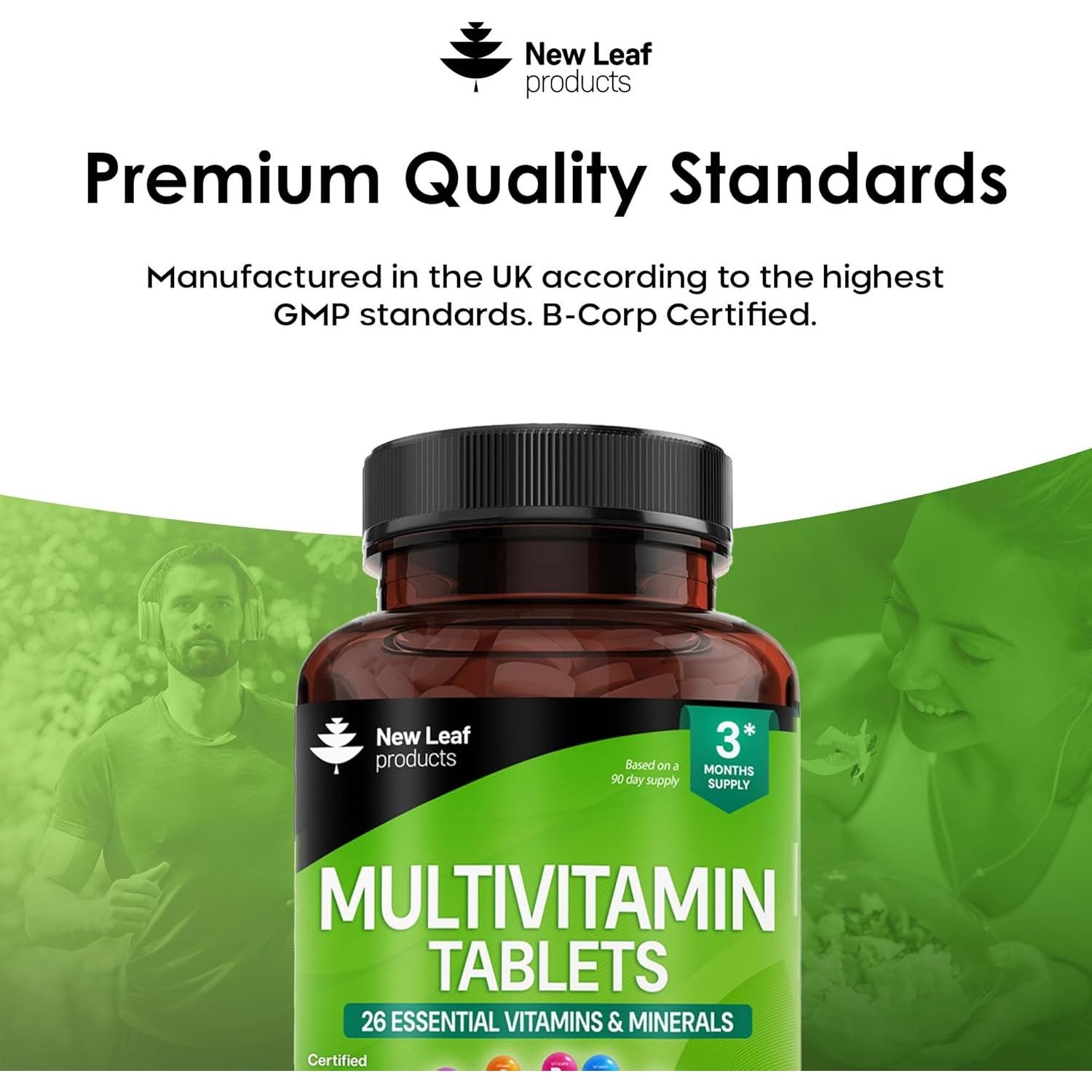 Multivitamin & Minerals 26 Essential Active Vegan High Strength Multivitamin Tablets for Women & Men with Iron A-Z Complete Daily Vegan Vitamins Gluten Free GMO Free (3 Month Supply) UK Made New Leaf