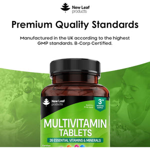 Multivitamin & Minerals 26 Essential Active Vegan High Strength Multivitamin Tablets for Women & Men with Iron A-Z Complete Daily Vegan Vitamins Gluten Free GMO Free (3 Month Supply) UK Made New Leaf