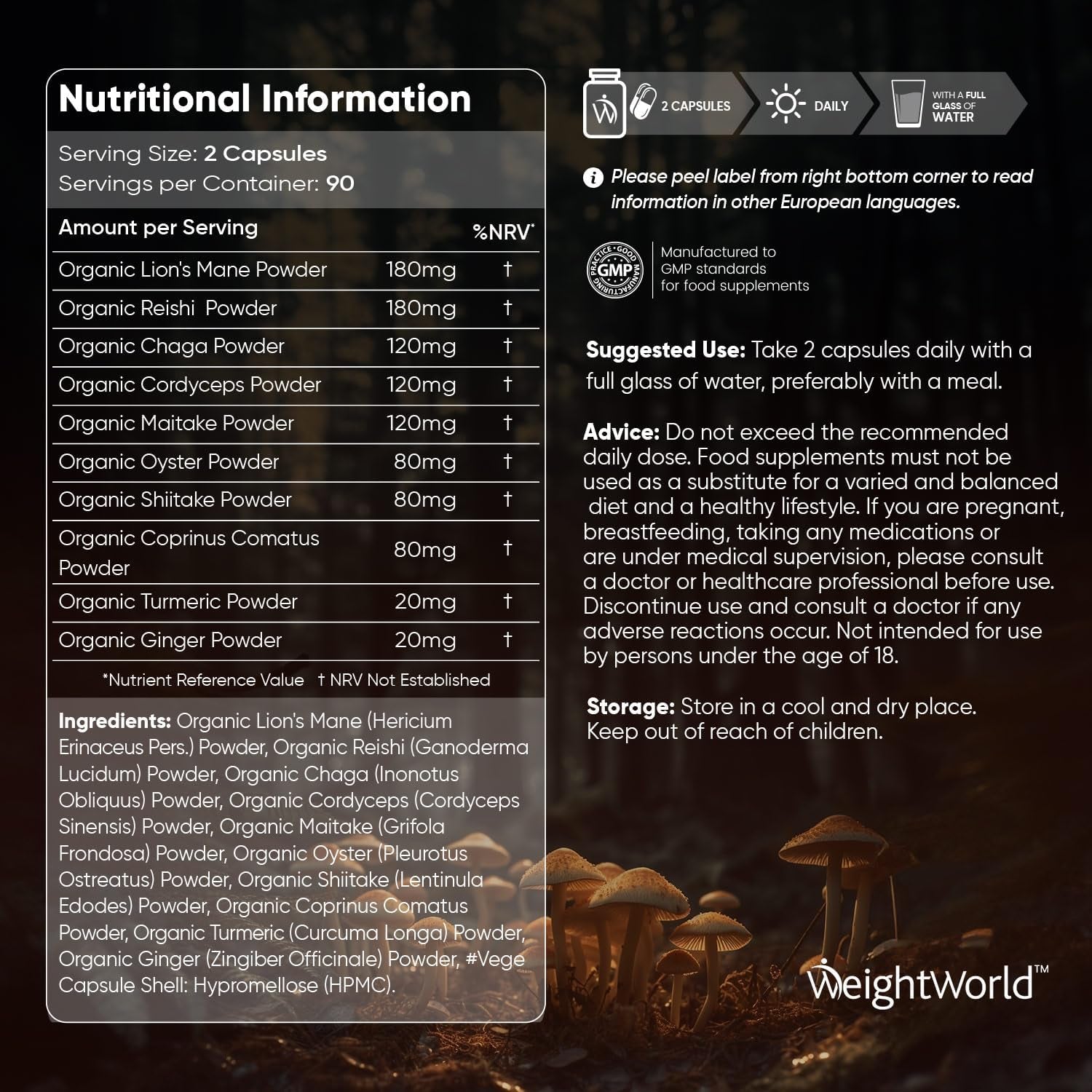 Organic Mushroom Complex 8-180 Capsules - 1000Mg - Lion'S Mane & 7 Mushroom Blends (Reishi, Chaga, Cordyceps, Shiitake, Oyster, Maitake & Coprinus) - Added Turmeric & Ginger - Vegan & Non-Gmo
