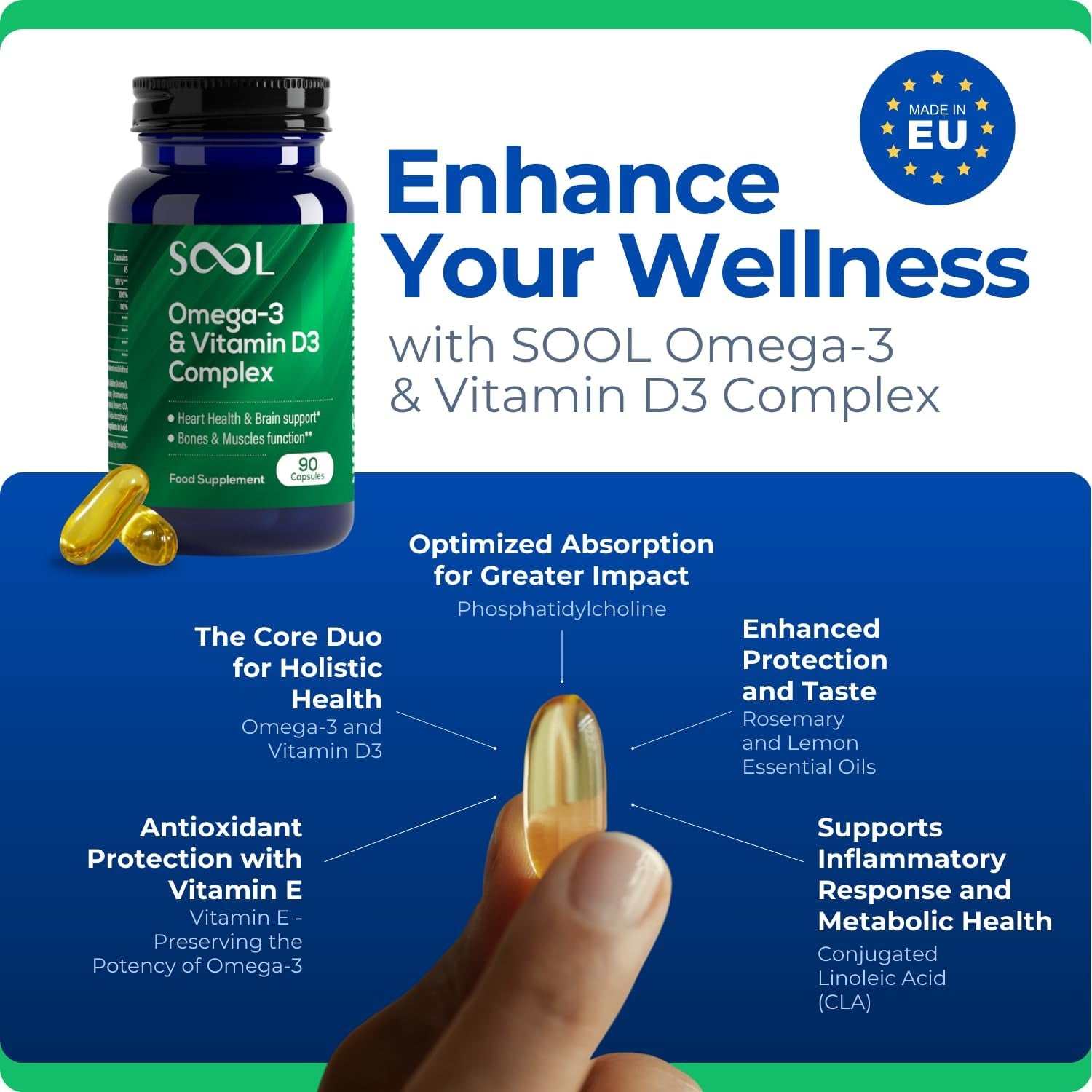 SOOL Omega-3 & Vitamin D3 Complex Soft Gels, 90 Capsules I 20% EPA & 50% DHA I Two-A-Day Omega-3 Supplement I Vitamin D3 2000IU per Serving I High Absorption Formula I Brain Function & Mental Clarity