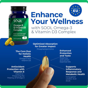 SOOL Omega-3 & Vitamin D3 Complex Soft Gels, 90 Capsules I 20% EPA & 50% DHA I Two-A-Day Omega-3 Supplement I Vitamin D3 2000IU per Serving I High Absorption Formula I Brain Function & Mental Clarity