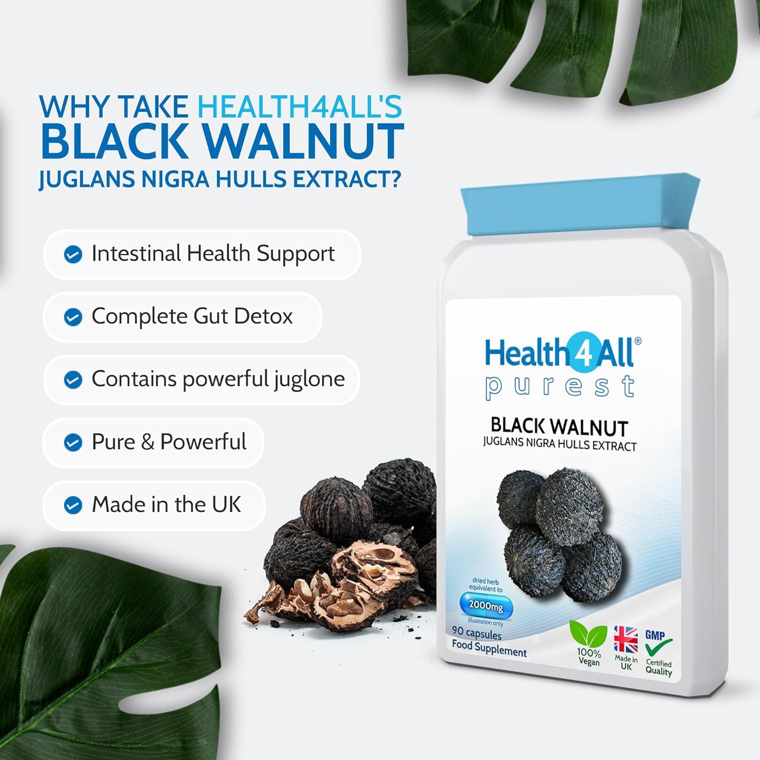 Health4All Black Walnut Hulls 2000Mg 90 Capsules, Strongest Black Walnut Green Hull Capsules for Intestinal Health, Cleanse & Detox, Vegan, Purest: No Additives | Made in UK