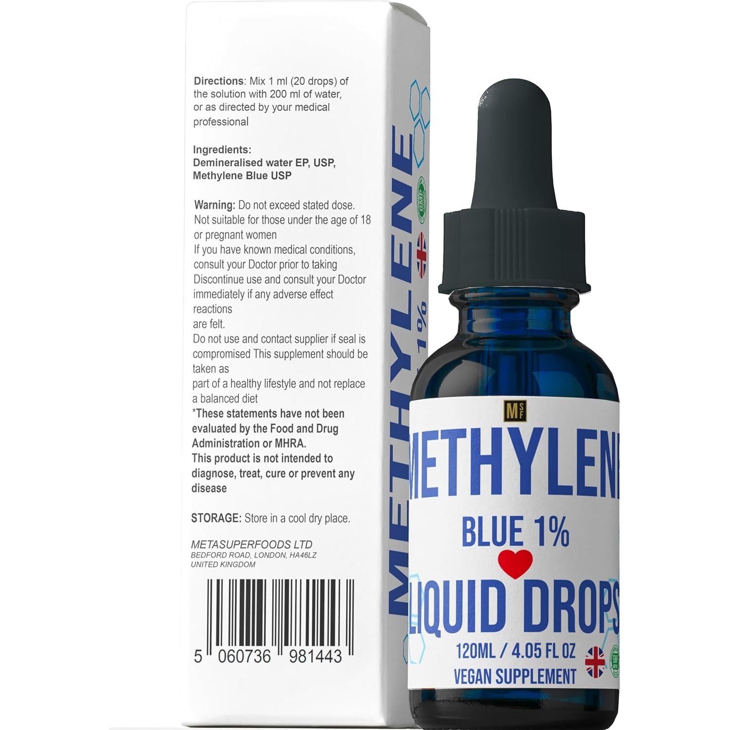 Methylene Blue 1% Solution Drops 120 Ml | Highest Purity 99.99% | USP Pharma Grade Ingredients | High Strength Methylene Supplement | Formaldehyde Free | Multiminerals | Glass Bottle | UK Company
