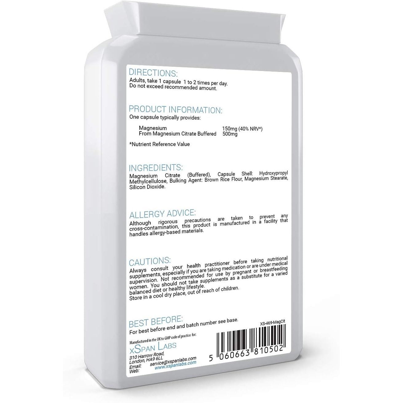Magnesium Citrate 500Mg 120 Capsules - Providing 150Mg of Active Elemental Magnesium - High Potency - Easily Absorbable - Highly Bioavailable - UK Manufactured