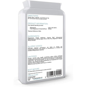 Magnesium Citrate 500Mg 120 Capsules - Providing 150Mg of Active Elemental Magnesium - High Potency - Easily Absorbable - Highly Bioavailable - UK Manufactured
