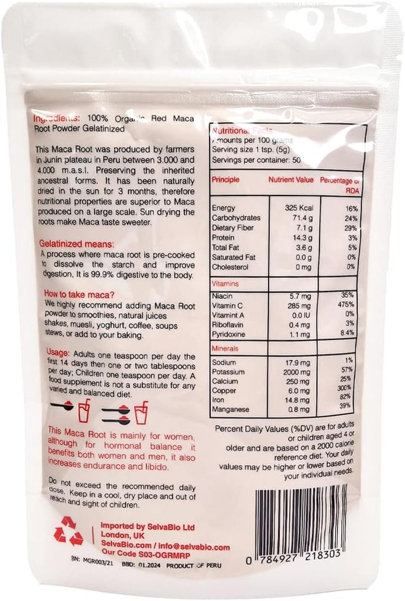 Organic Red Maca Root Gelatinized Powder, Soil Association Certified, 250G from the High Peruvian Mountains.