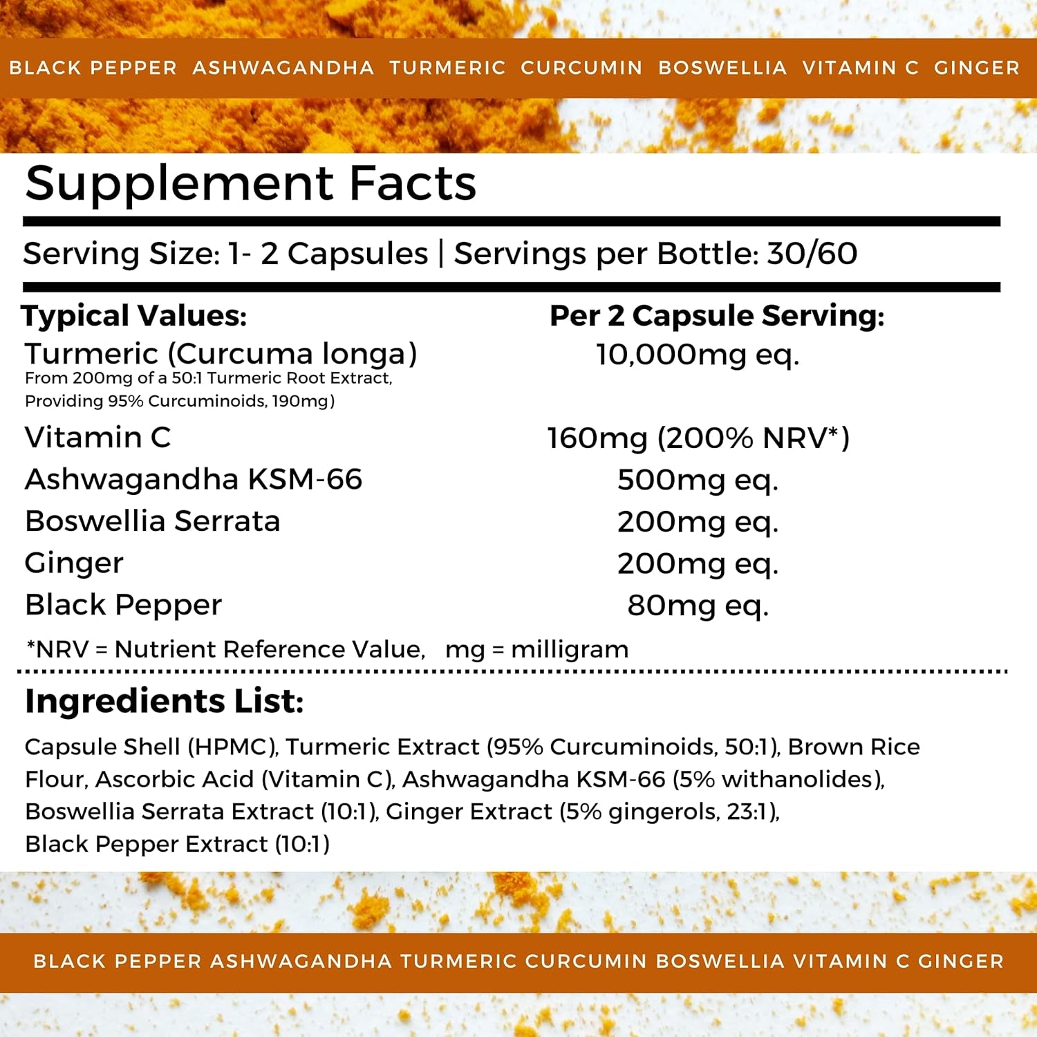 Nutripact Turmeric Extract Complex 10,000Mg with Curcumin, Black Pepper, Ginger, Ashwagandha, Boswellia & Vitamin C High Strength Tumeric Supplement (Not Tablets) 95% Curcuminoids - 60 Vegan Capsules