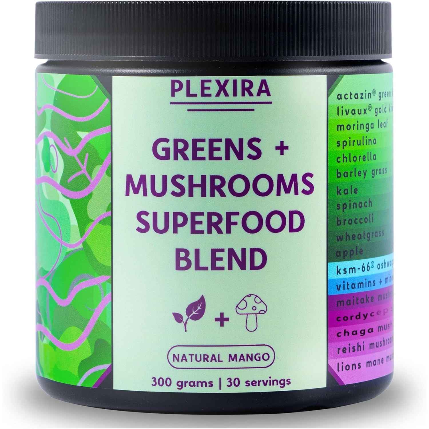 Super Greens Powder with Mushrooms 300G by Plexira – Natural Mango Greens Superfood Blend for Gut Health, Focus and Immunity