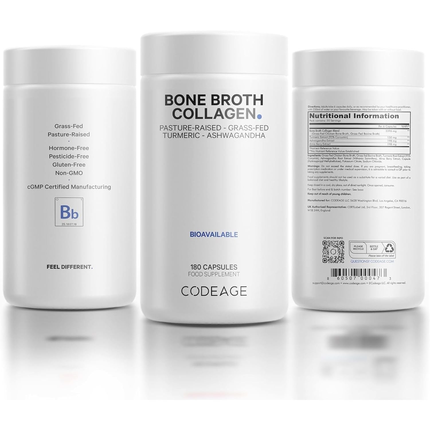 Codeage Bone Broth Collagen Capsules Grass Fed - Pasture Raised Chicken Bone Broth Collagen - 180 Capsules
