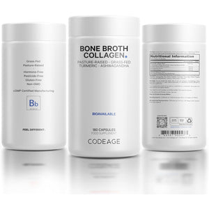 Codeage Bone Broth Collagen Capsules Grass Fed - Pasture Raised Chicken Bone Broth Collagen - 180 Capsules