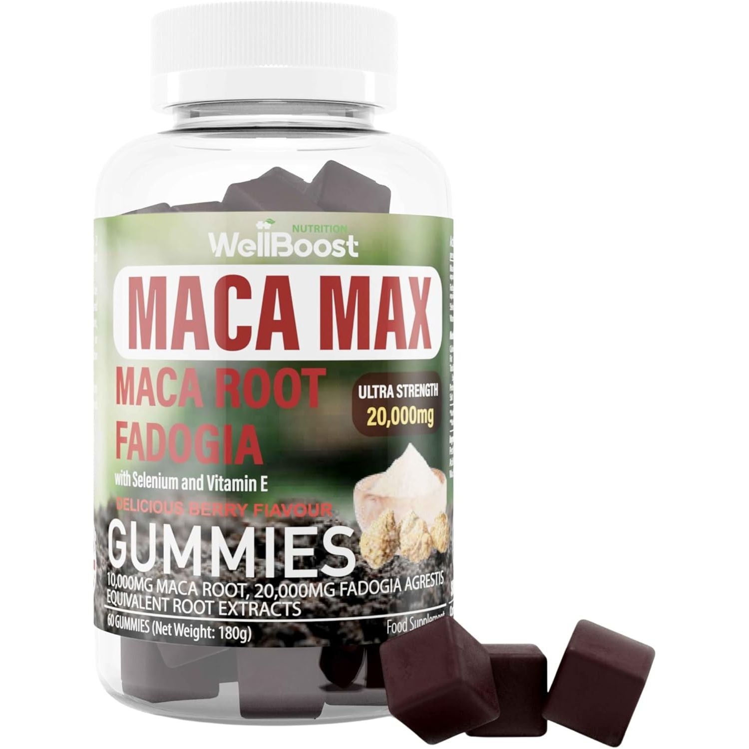 Wellboost Maca MAX -Ultra Strength (6,000Mg Equivalent Extracts) Maca Root, Fadogia Root, Selenium, VIT E, 60 Chewable Gummies for Adults - Strawberry Flavoured, Suitable for Vegans.
