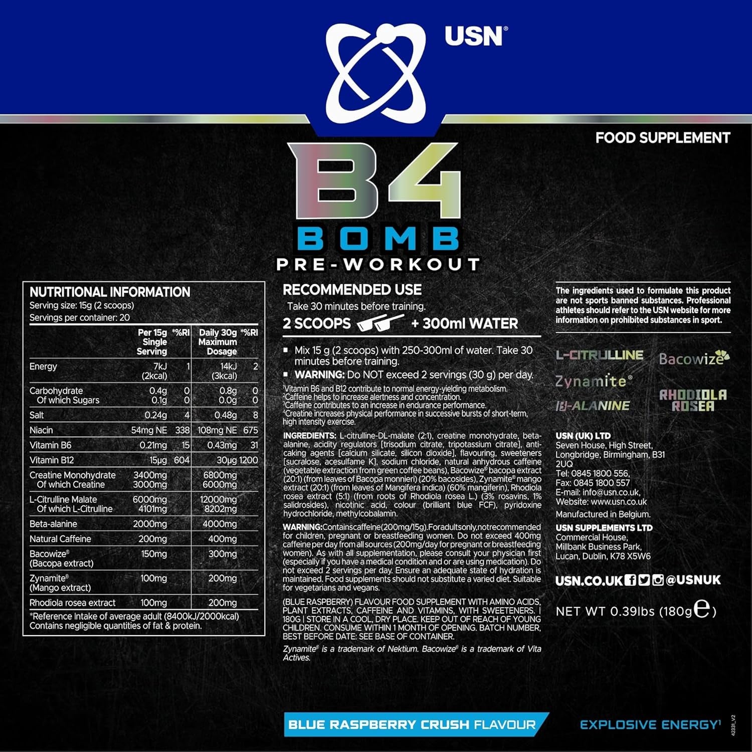 USN B4 Bomb Pre Workout Powder - 300G (20 Servings) Energy Drink Powder for Explosive Energy & Performance, 200Mg Caffeine, 6000Mg Citrulline, Creatine & 2000Mg Beta Alanine - Blue Raspberry Flavour