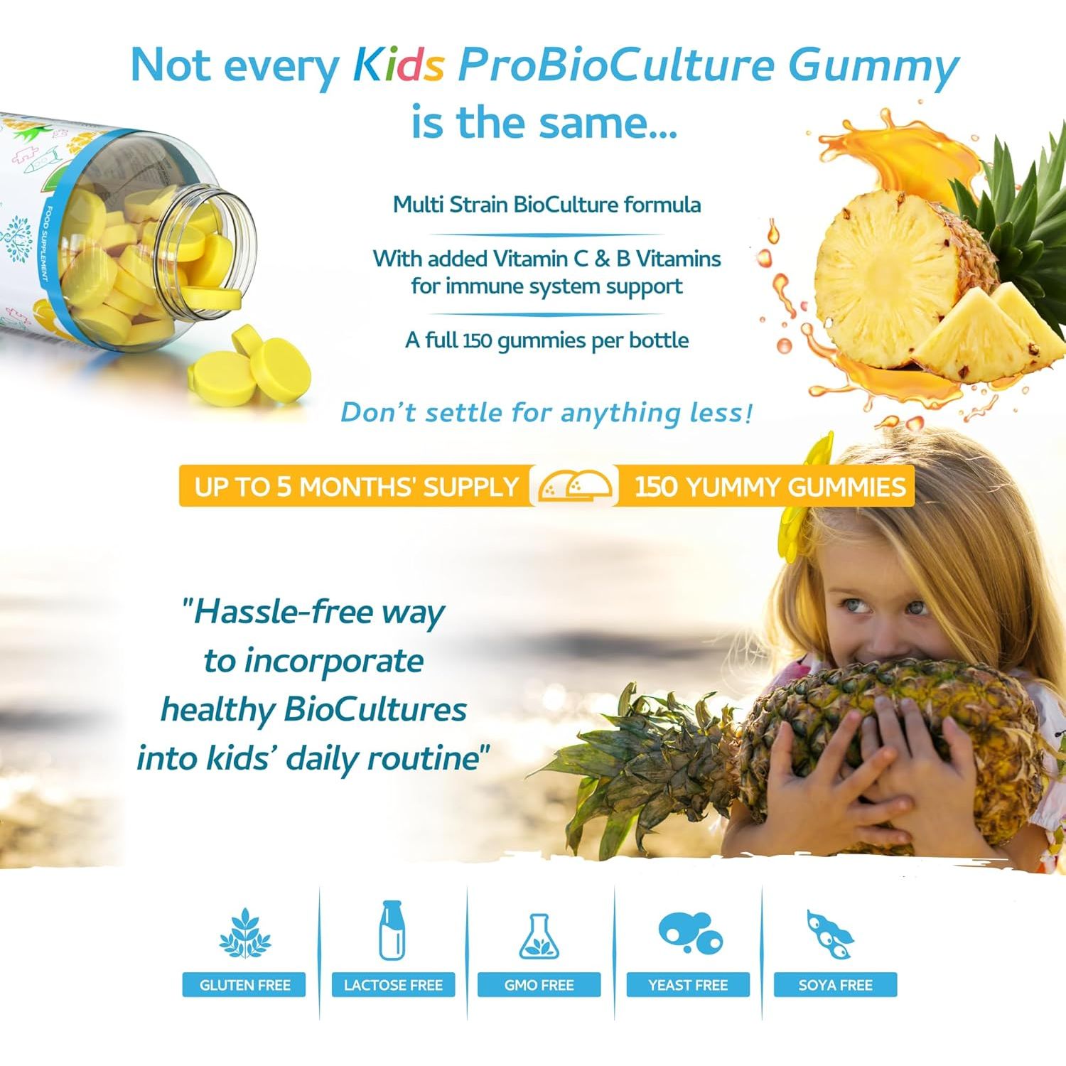 Kids Probiotics/Probiocultures Gummies - 150 Children'S Probiotics Multi-Strain Gummies - Natural Pineapple Flavour – with Added B & C Vitamins for Immune Support - 5 Month Supply – UK Made