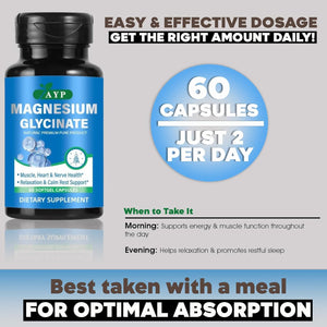 Magnesium Glycinate Supplements 2000Mg High Strength Premium Pure Magnesium - 60 Capsules for Muscle Heart Nerve Health Relaxation Calm for Men & Women