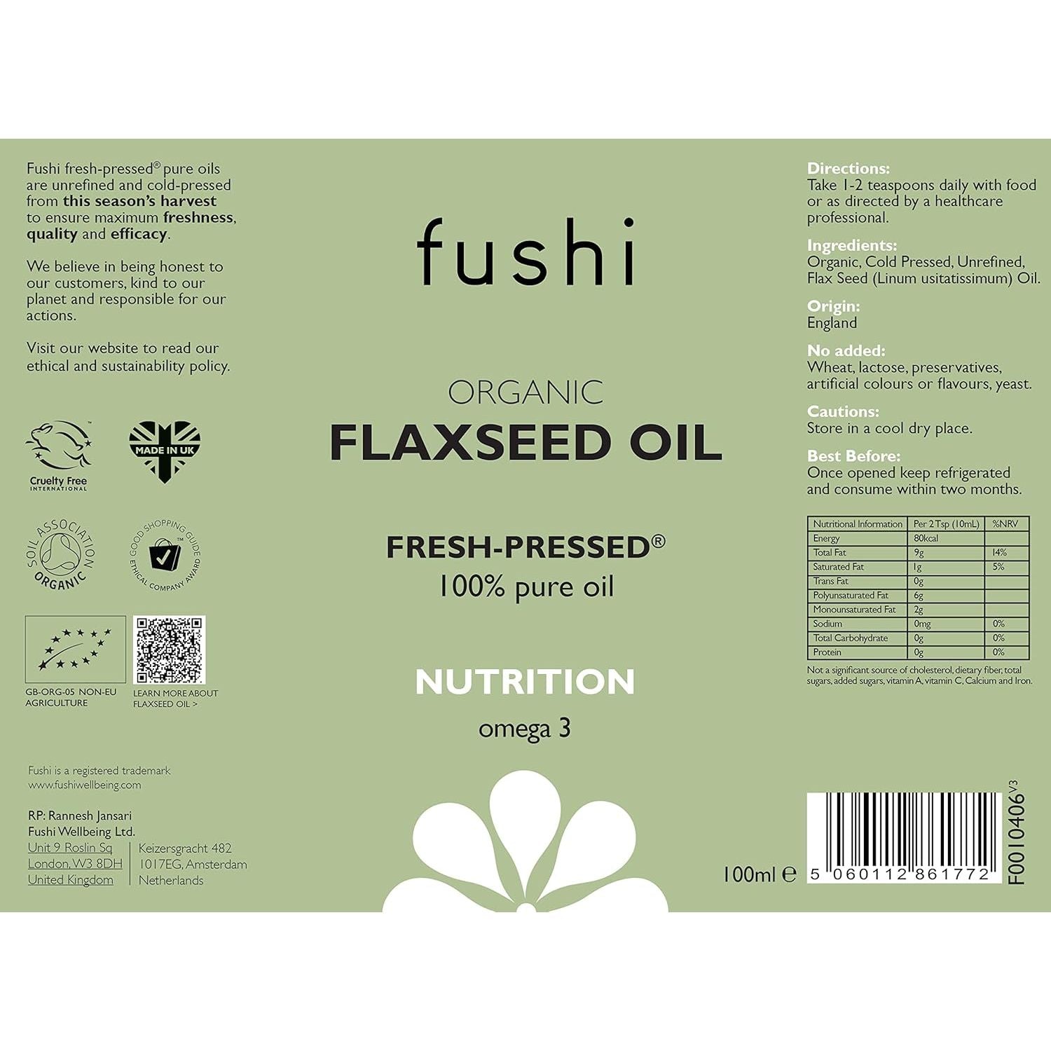 Fushi Organic Flax Seed Oil 100Ml | Fresh & Cold Pressed | Rich in Omega 3 Essential Fatty Acids| Best for Inner Health, Dry Skin | Made from English Grown Seeds | | Ethical & Vegan | Made in the UK