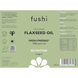 Fushi Organic Flax Seed Oil 100Ml | Fresh & Cold Pressed | Rich in Omega 3 Essential Fatty Acids| Best for Inner Health, Dry Skin | Made from English Grown Seeds | | Ethical & Vegan | Made in the UK