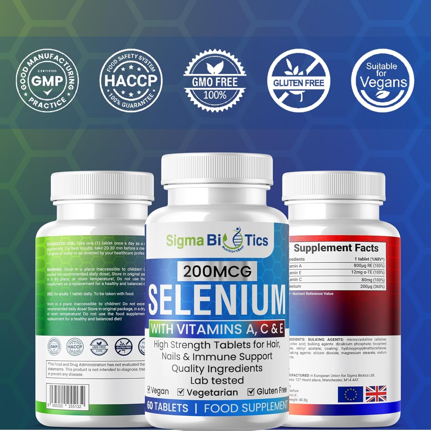 Selenium with Vitamins A, C & E - Promotes Healthy Hair, Skin & Nails - Supports the Immune System - Superior Absorption Formula - Vegan and Gluten Free - 60 Tablets for 2 Months Supply