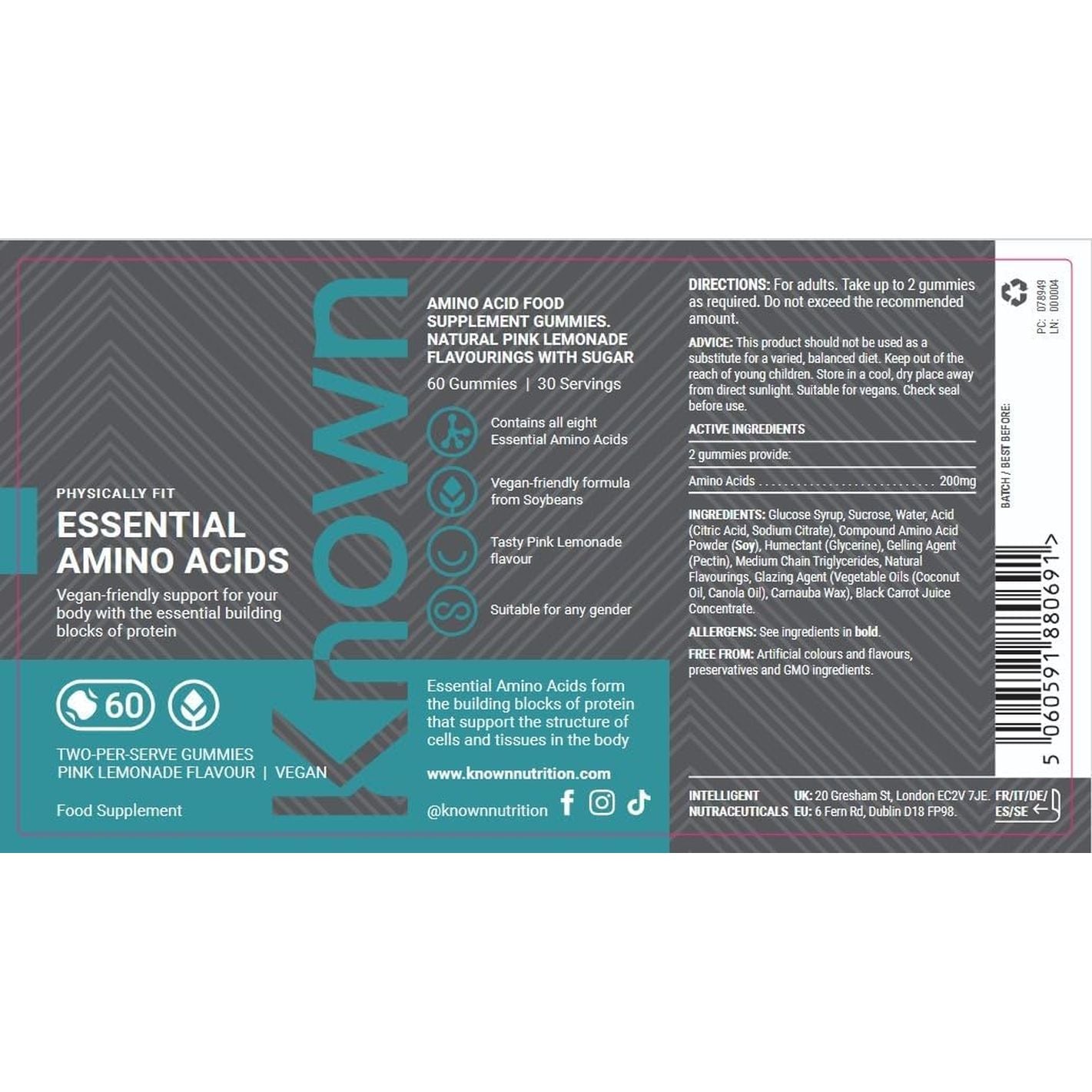 Known Essential Amino Acids Gummies - 200Mg Amino Acids - Muscle Health & Recovery - Natural Pink Lemonade Flavour - 60 Vegan Gummies, 1 Month Supply