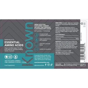 Known Essential Amino Acids Gummies - 200Mg Amino Acids - Muscle Health & Recovery - Natural Pink Lemonade Flavour - 60 Vegan Gummies, 1 Month Supply