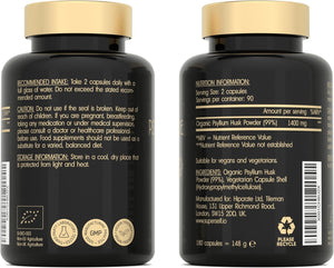 Organic Psyllium Husks Capsules 1400Mg - Fibre Supplement for Men & Women - Pure Psyllium Husk Powder - 180 Tablets - High in Soluble Fiber - Certified Organic - Natural Prebiotic from Ispaghula Husk