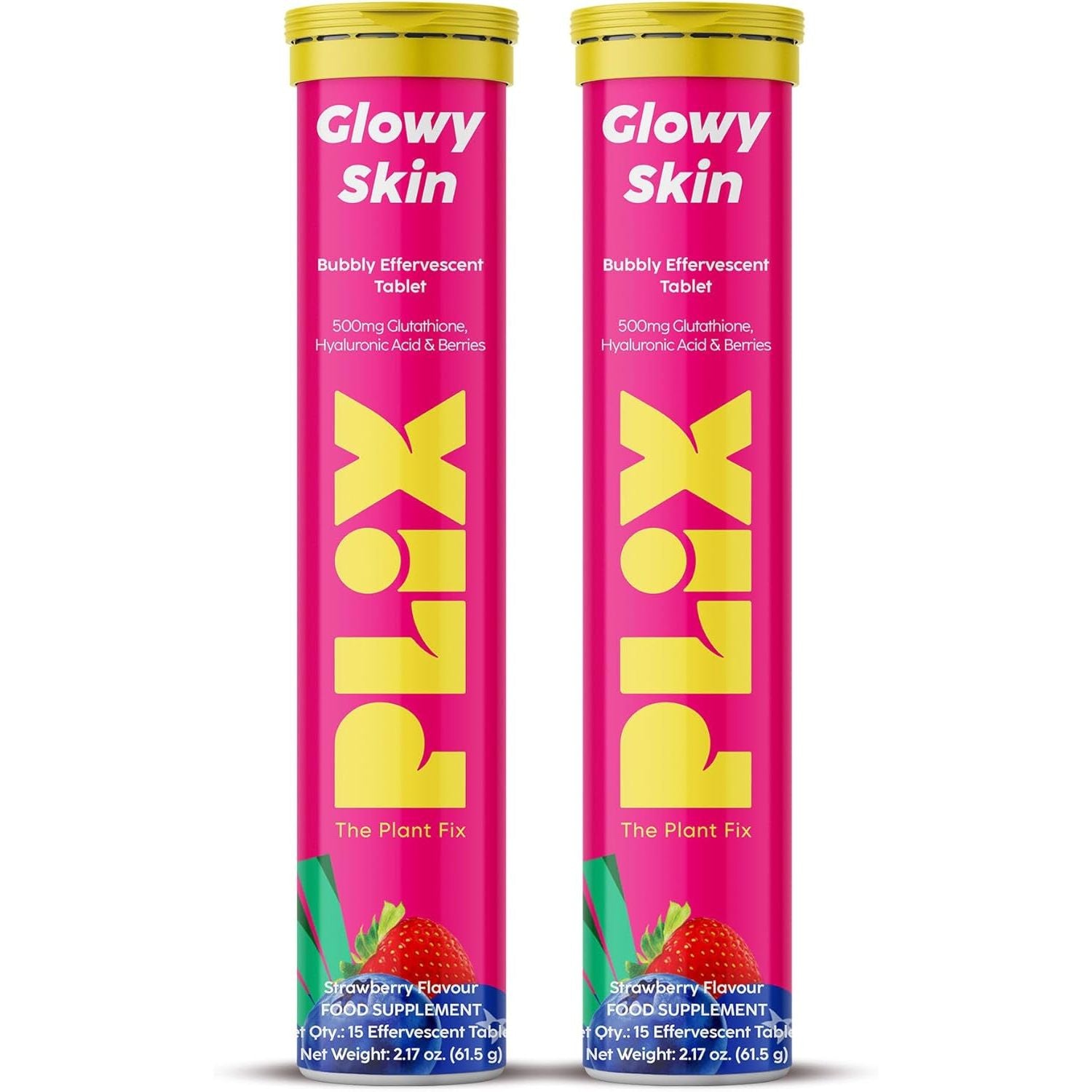 PLIX Glowy Skin 500Mg Glutathione Supplement with Hyaluronic Acid, Vitamin C, E & Berries | 30 Effervescent Tablets, Strawberry Flavor