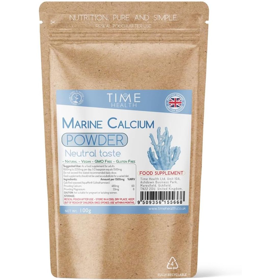 Marine Calcium and Trace Minerals 100G Powder – Neutral Taste – Aquamin® – Red Alga Lithothamnium Calcareum – GMP – UK Made - Zero Additives (100G Pouch)