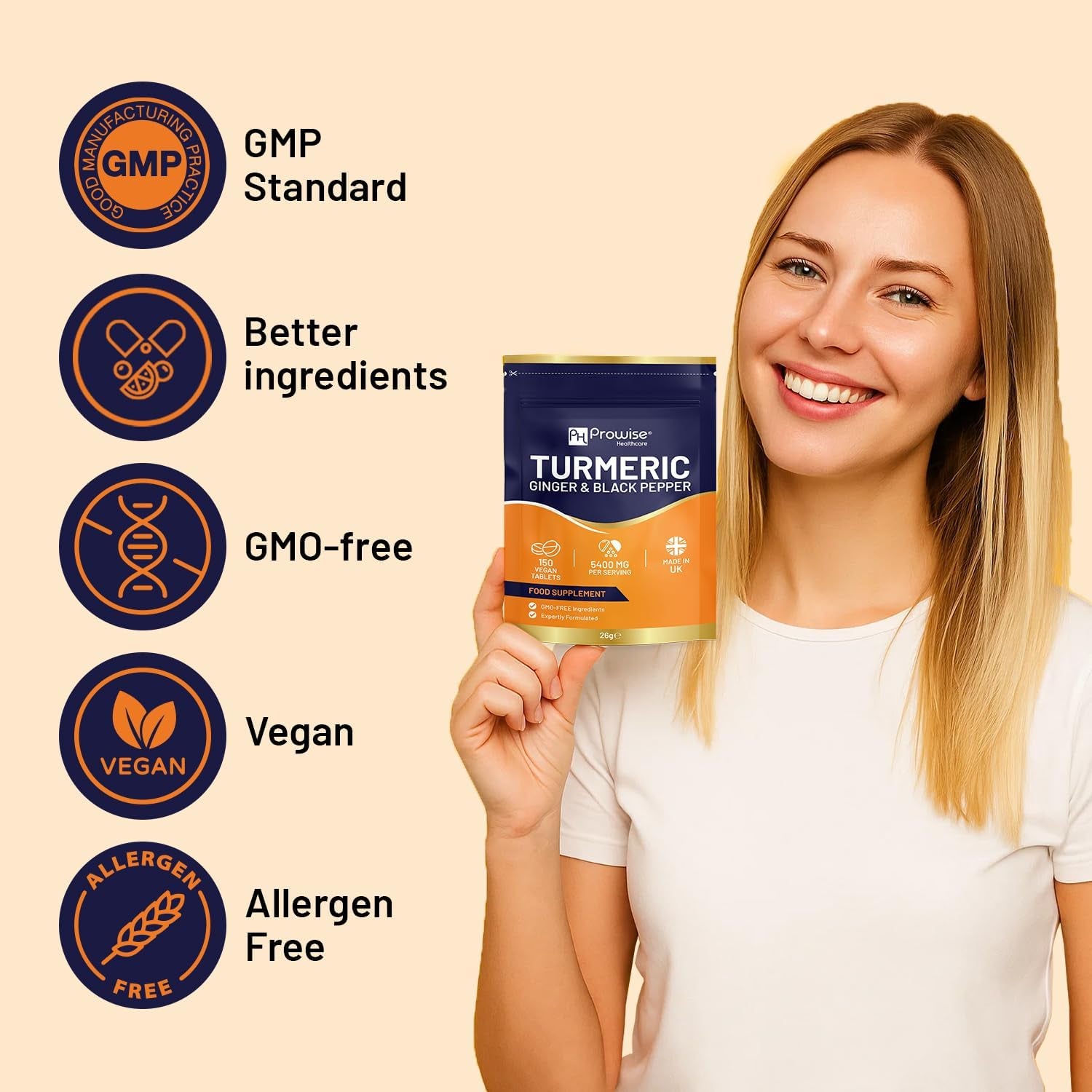 Turmeric Tablets 5400Mg with Black Pepper, Ginger - High Strength Turmeric 95% Curcumin Supplements | 150 Easy Swallow Tablets (Not Capsules or Powder) - Letterbox Friendly - Made in UK - Prowise