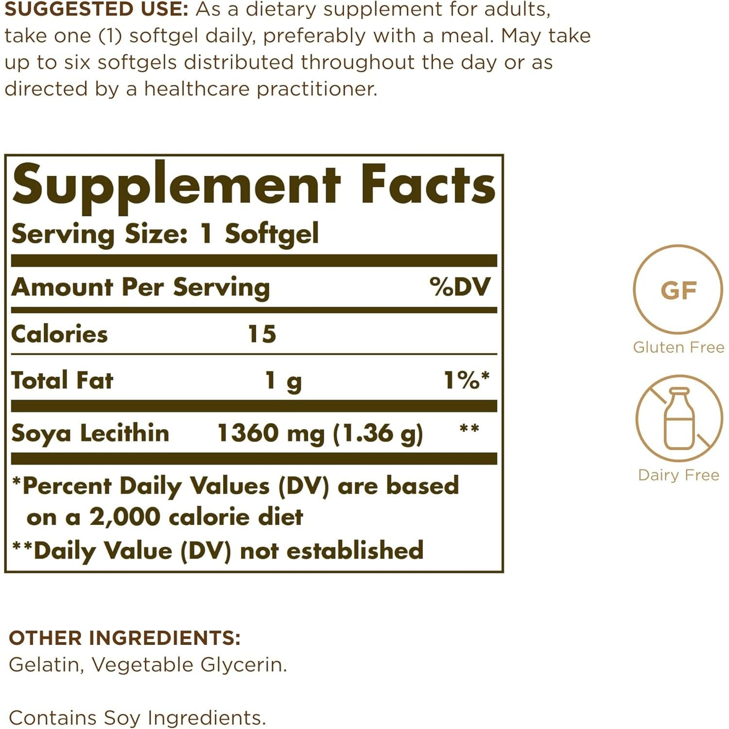 Solgar Soya Lecithin 1360 Mg Softgels - Pack of 100 - Supports Cell Membrane Structure - Wheat,Gluten and Diary Free (Packing May Vary)